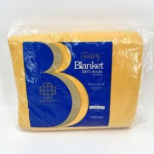 Vintage Beacon Fantasy 72" x 90" Acrylic Needle Woven Blanket NEW Mustard Yellow